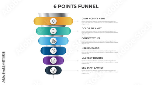 funnel infographic with 6 points, diagram, chart, layout template, can be used for digital marketing, sales, process