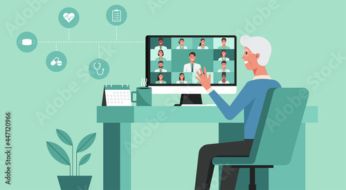 telemedicine, online healthcare and medical consultation support services concept, senior man using computer video call conferencing to doctor online from home, vector flat illustration