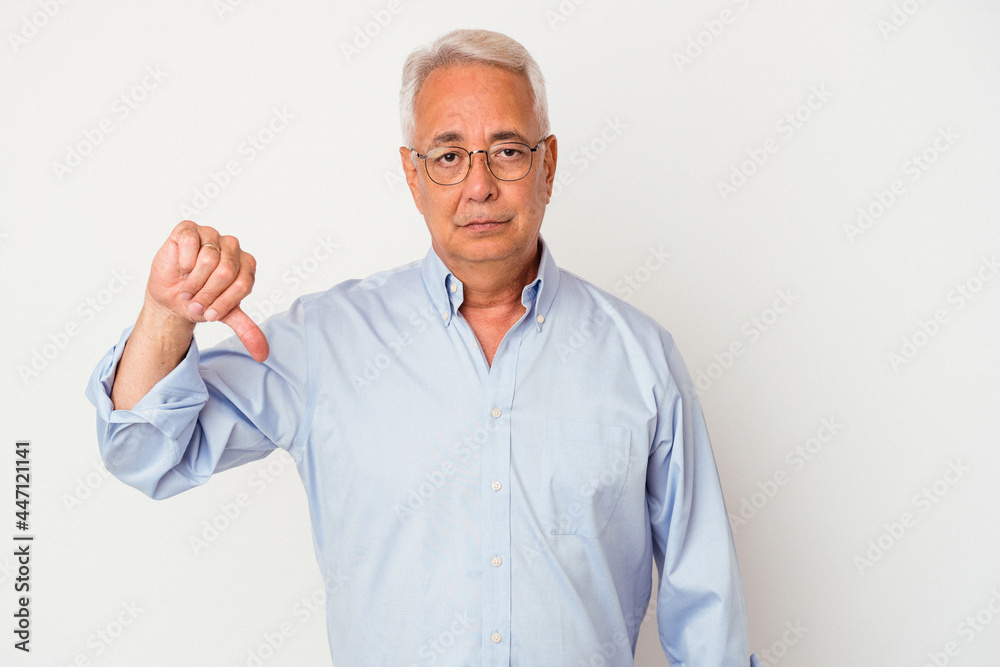 Senior american man isolated on white background showing a dislike gesture, thumbs down. Disagreement concept. Senior american man isolated on white background showing a dislike gesture, thumbs down. Disagreement concept.