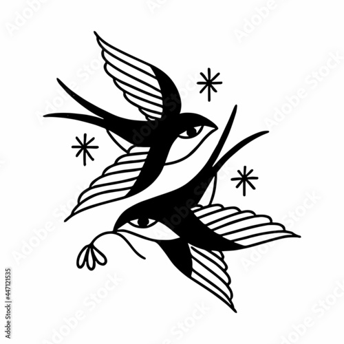 swallow doodle illustration, traditional tattoo, vector line illustration