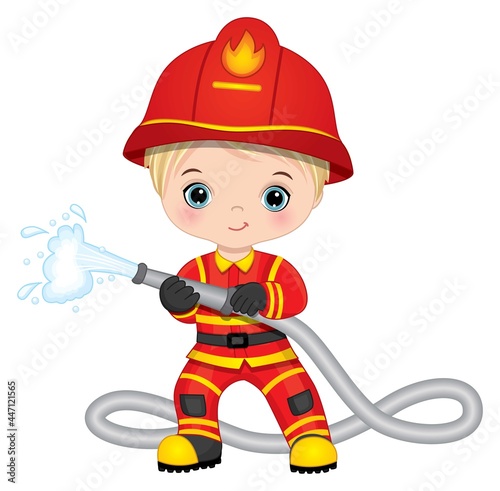 Firefighter Cute Little Blond Boy with Fire Hose 