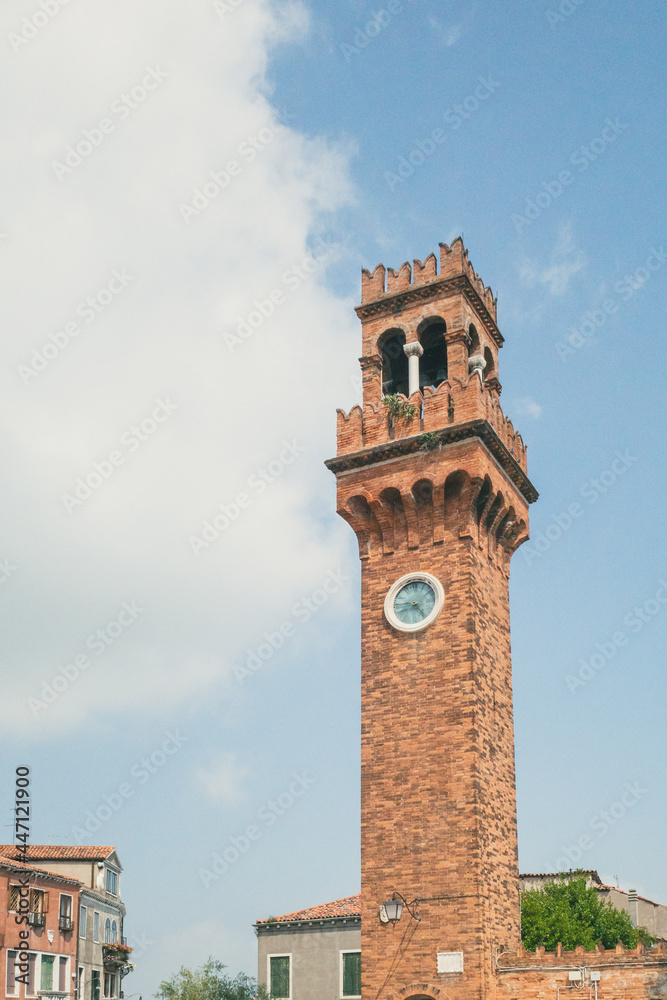 Clock Tower at Campo Santo Stefano on island of Murano, Venice, Italy