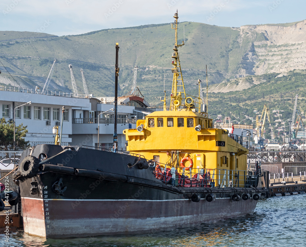 Fototapeta premium Front view of pollution control vessel. Oil recovery barge