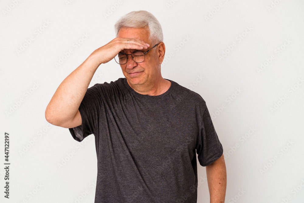 Senior american man isolated on white background touching temples and having headache. Senior american man isolated on white background touching temples and having headache.