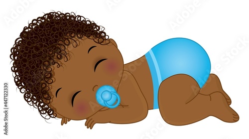 African American Cute Curly Baby Boy in Blue Diaper Sleeping 