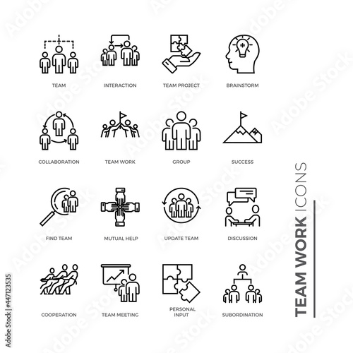 Simple Set of Team Work Related Vector Line Icons. Contains such Icons as Cooperation, Collaboration, Team Meeting and more.