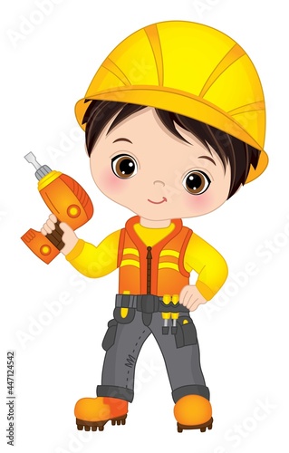 Vector Little Builder. Cute Little Boy Holding Drill