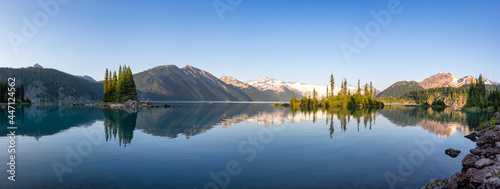 Panoramic View of Canadian Nature Landscape with rocky islands and mountains in the background. Garibaldi Lake, Near Whistler and Squamish, North of Vancouver, British Columbia, Canada. Sunny Summer
