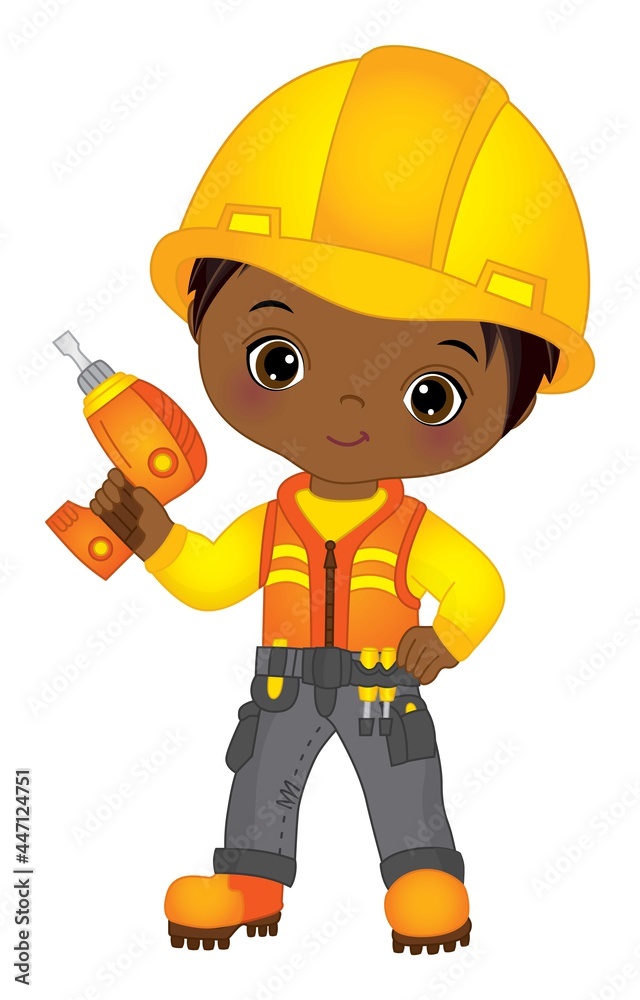Cute Little Black Boy Drilling. Vector Little Builder Cute Little Black Boy Drilling. Vector Little Builder