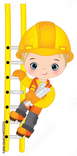 Vector Cute Little Boy Climbing up the Ladder. Vector Little Builder
