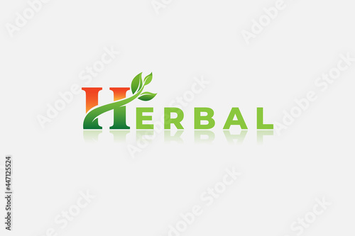 logotype letter H with leaf in green color for herbal . organic, botanical. vegan logo design illustration template