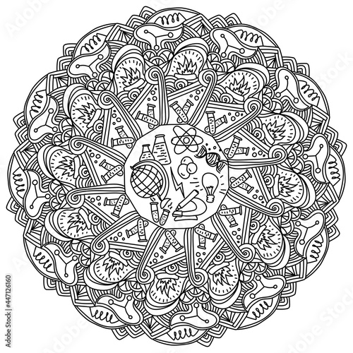 Mandala school science, antistress coloring book page with science equipment, school items and fantasy motives