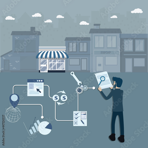 Flat of business concept,A man using data for recovery his business again afterwards the crisis - vector