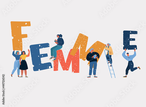 Vector illustration of feminist movement and girl power concept. Stronger together.