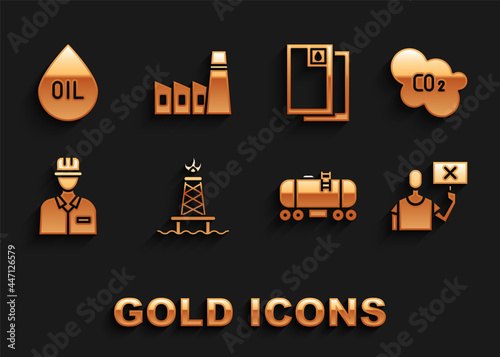 Set Oil rig with fire, CO2 emissions in cloud, Nature saving protest, railway cistern, Oilman, Barrel oil, drop and industrial factory building icon. Vector