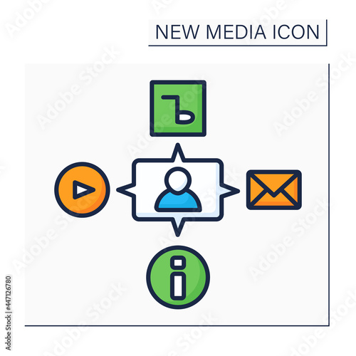 Media color icon. Interaction with all content. Video, audio, information. Communication, chatting with friends. Multimedia space. New media concept. Isolated vector illustration