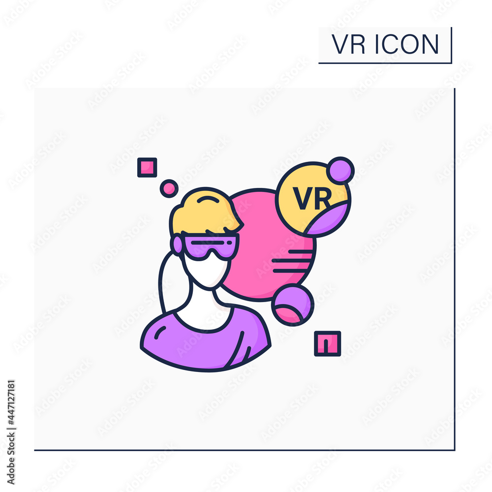 Virtual reality player color icon. VR headset. Person change actuality using special goggles with a screen. Modern virtual technology concept. Isolated vector illustration Virtual reality player color icon. VR headset. Person change actuality using special goggles with a screen. Modern virtual technology concept. Isolated vector illustration