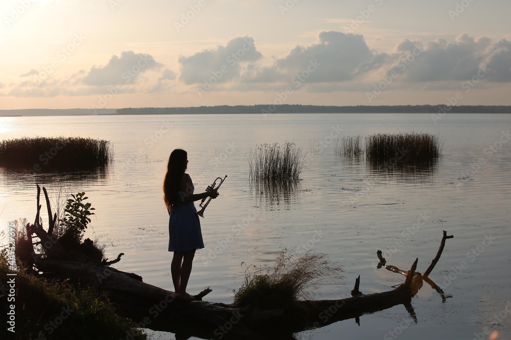 Silhouette of a person with a musical instrument trumpet on a sunset background Silhouette of a person with a musical instrument trumpet on a sunset background