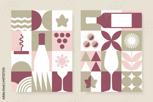 Abstract wine posters set in geometric style. Vector brochures for wine tasting invitation, festival flyers, menu covers, etc.