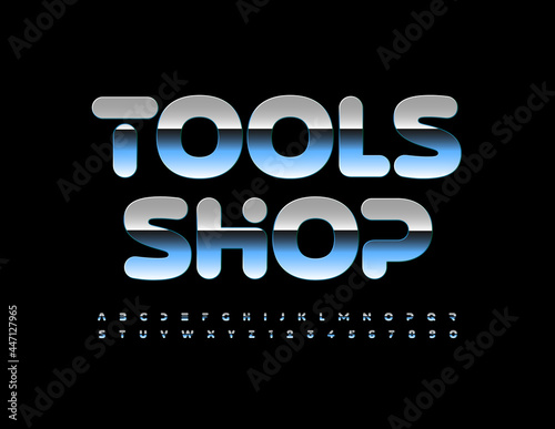 Vector business logo Tools Shop with reflective metal Font. Chrome Alphabet letters and Numbers set
