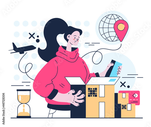Woman consumer character unpacking parcel. Fast delivery service concept. Vector flat graphic design illustration