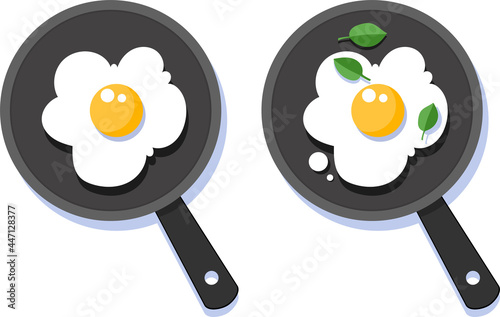 Cartoon vector flat style fried eggs breakfast on a pan with shadows, greenery. White and yellow yolk set.
