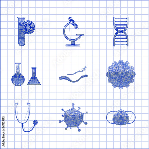 Set Ebola virus disease, Virus, Medical protective mask, Stethoscope, Test tube and flask, DNA symbol and with icon. Vector