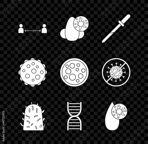 Set Safe distance, Runny nose and virus, Pipette, Rabies, DNA symbol, Blood test, Virus and icon. Vector