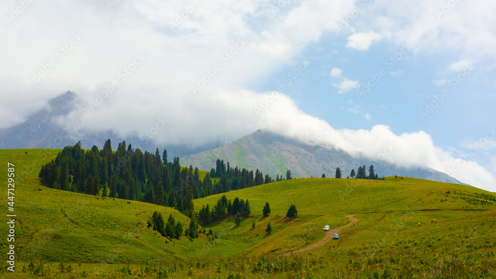 Summer pastures dzhailau in Kegen region. Summer cloudy day in mountains