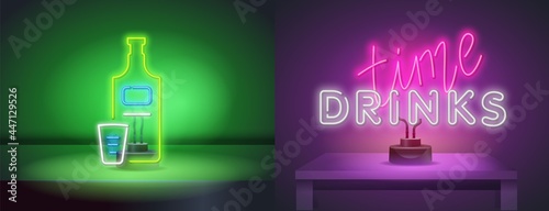 Vector realistic isolated neon sign of Drinks Time lettering for decoration and covering on the wall background. A bottle of tequila and a neon style shot glass