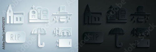 Set Umbrella, Grave with coffin, Speech bubble rip death, Crematorium, tombstone and Church building icon. Vector
