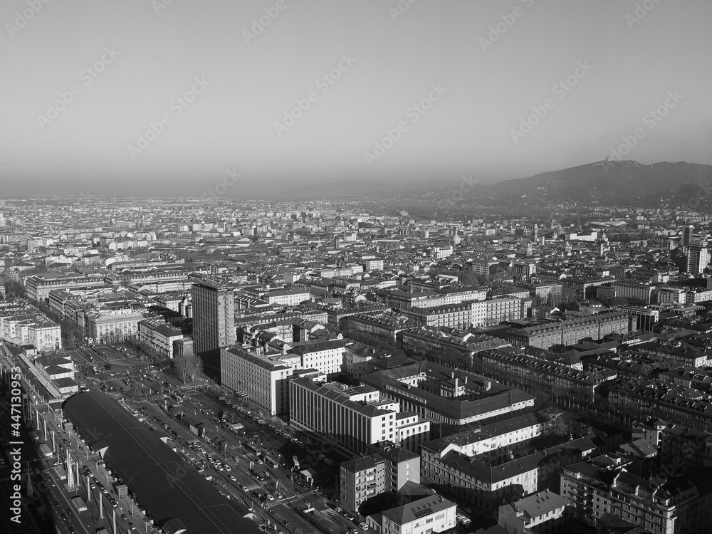 Aerial view of Turin in black and white