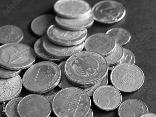 Euro coins  European Union over black in black and white