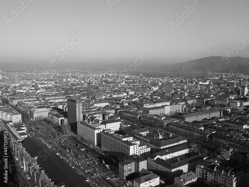 Aerial view of Turin in black and white