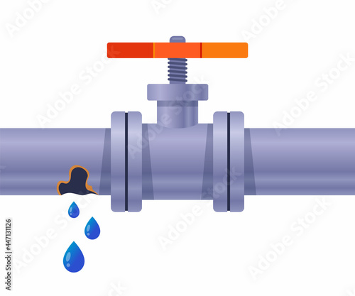 rusty pipe with water. drop from the hole. flat vector illustration.