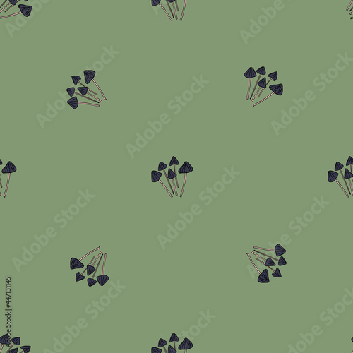 Minimalistic seamless organic pattern with navy blue litte psilocybe semilanceata mushroom shapes. Green background.