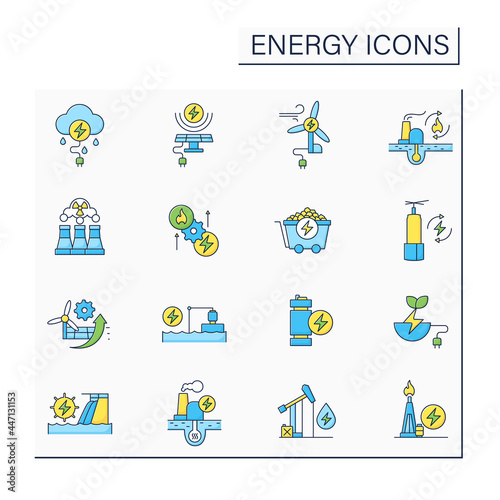 Energy color icons set. Thunderstorm, solar, wind energy. Nonrenewable sources. Power stations. Electricity generation concept. Isolated vector illustration