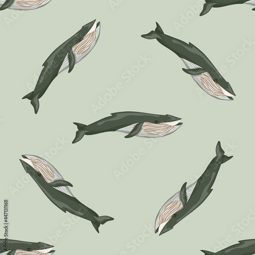 Seamless pattern Blue whale on green background. Template of cartoon character of ocean for fabric.