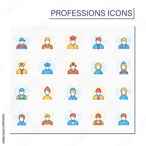 Professions color icons set. Various professions. Important jobs. Career concept. Isolated vector illustrations