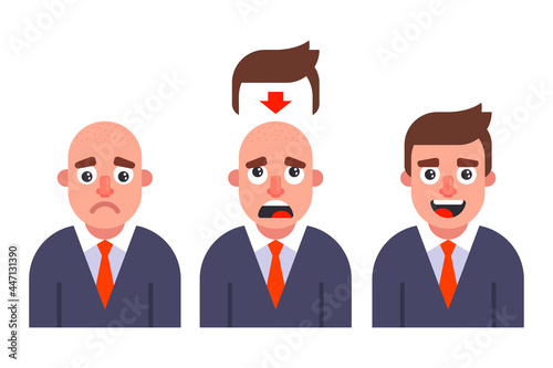 put a wig on a man. early hair loss. flat vector illustration.