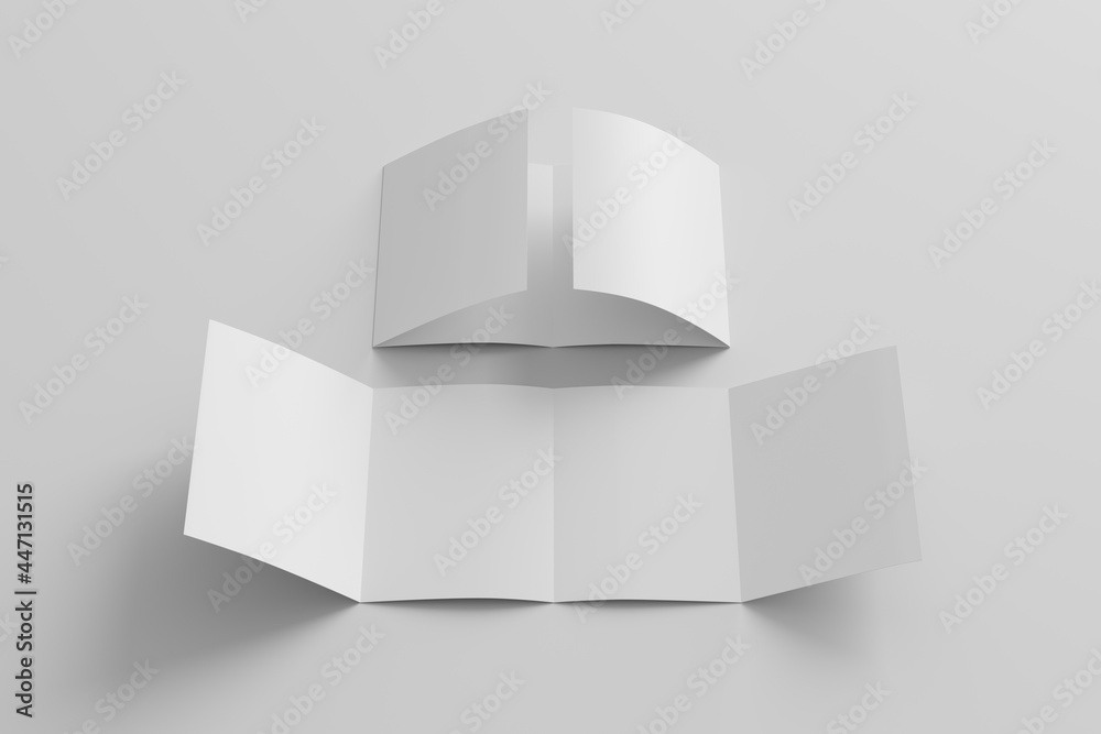Vertical double gate fold brochure. Four panels, eight pages blank leaflet. Mock up on white background for presentation design. Unfolded and semi-folded. Vertical double gate fold brochure. Four panels, eight pages blank leaflet. Mock up on white background for presentation design. Unfolded and semi-folded.