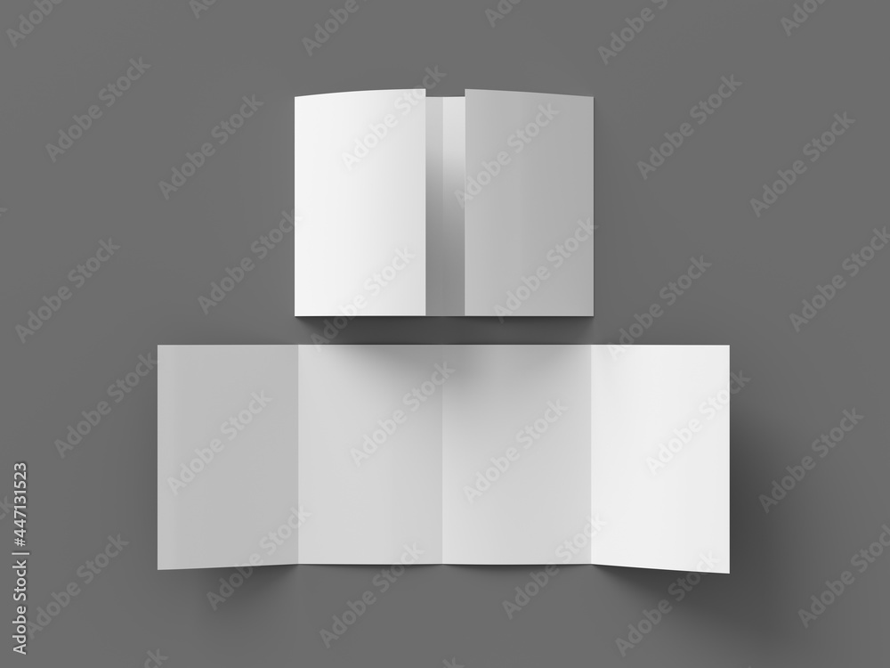Vertical double gate fold brochure. Four panels, eight pages blank leaflet. Mock up on gray background for presentation design. Unfolded and semi-folded. Vertical double gate fold brochure. Four panels, eight pages blank leaflet. Mock up on gray background for presentation design. Unfolded and semi-folded.