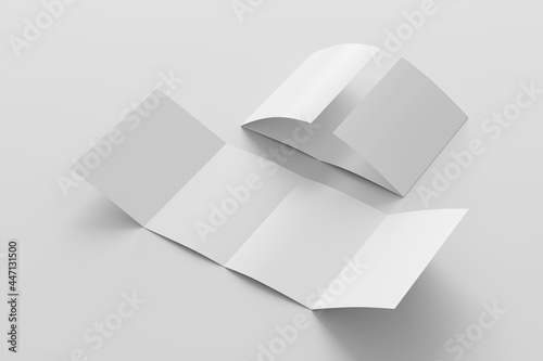 Vertical double gate fold brochure. Four panels, eight pages blank leaflet. Mock up on white background for presentation design. Unfolded and semi-folded.