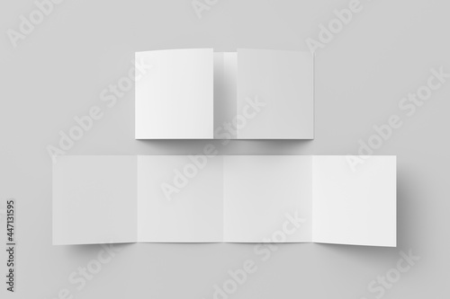Square double gate fold brochure. Four panels, eight pages blank leaflet. Mock up on white background for presentation design. Unfolded and semi-folded.