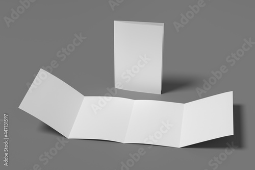Vertical double gate fold brochure. Four panels, eight pages blank leaflet. Mock up on gray background for presentation design. Unfolded and folded.