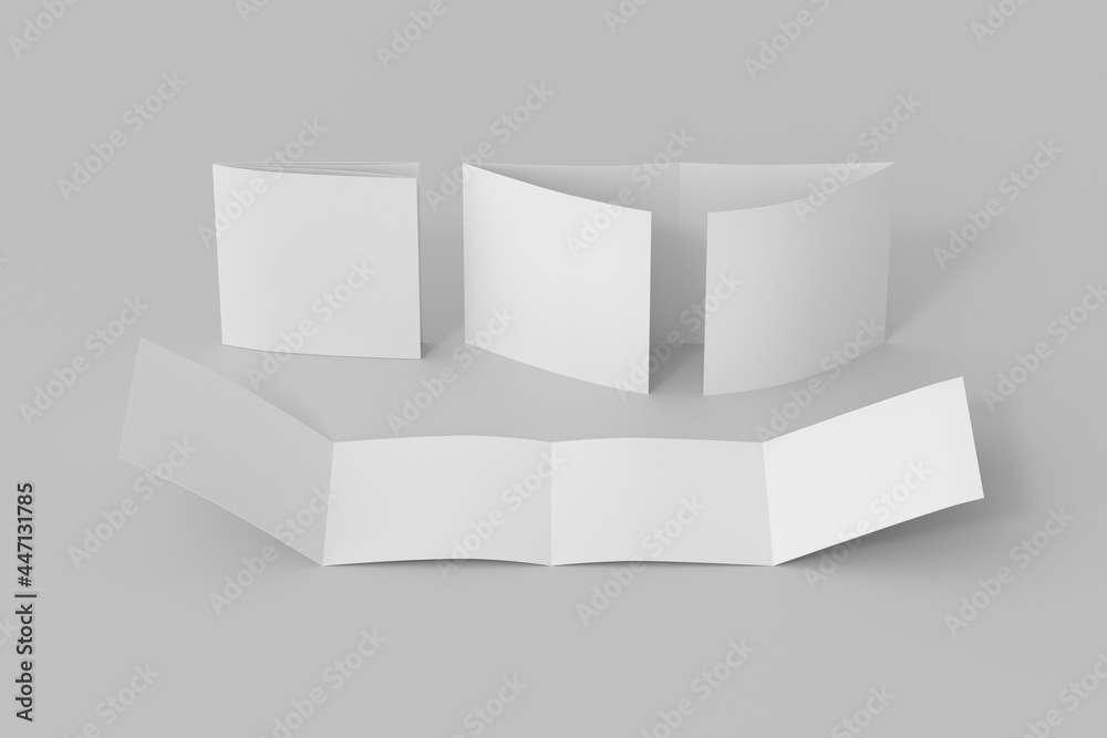 Square page zigzag or accordion fold brochure. Four panels, eight pages blank leaflet. Mock up on white background for presentation design. Unfolded, folded and semi-folded. Square page zigzag or accordion fold brochure. Four panels, eight pages blank leaflet. Mock up on white background for presentation design. Unfolded, folded and semi-folded.