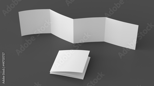 Square page zigzag or accordion fold brochure. Four panels, eight pages blank leaflet. Mock up on gray background for presentation design. Unfolded and folded.