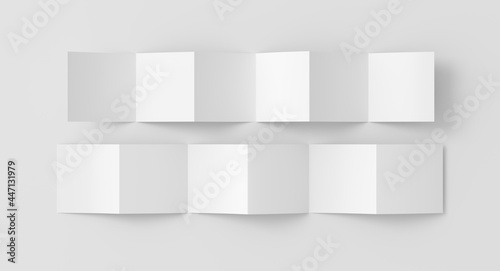 Square page zigzag or accordion fold brochure. Six panels, twelve pages blank leaflet. Mock up on white background for presentation design. Unfolded front and back.