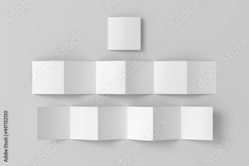 Square page zigzag or accordion fold brochure. Six panels, twelve pages blank leaflet. Mock up on white background for presentation design. Folded and unfolded front and back.