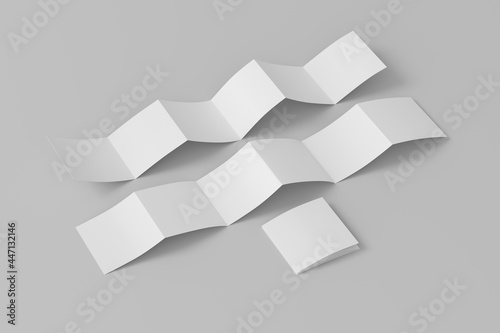 Square page zigzag or accordion fold brochure. Six panels, twelve pages blank leaflet. Mock up on white background for presentation design. Folded and unfolded front and back.